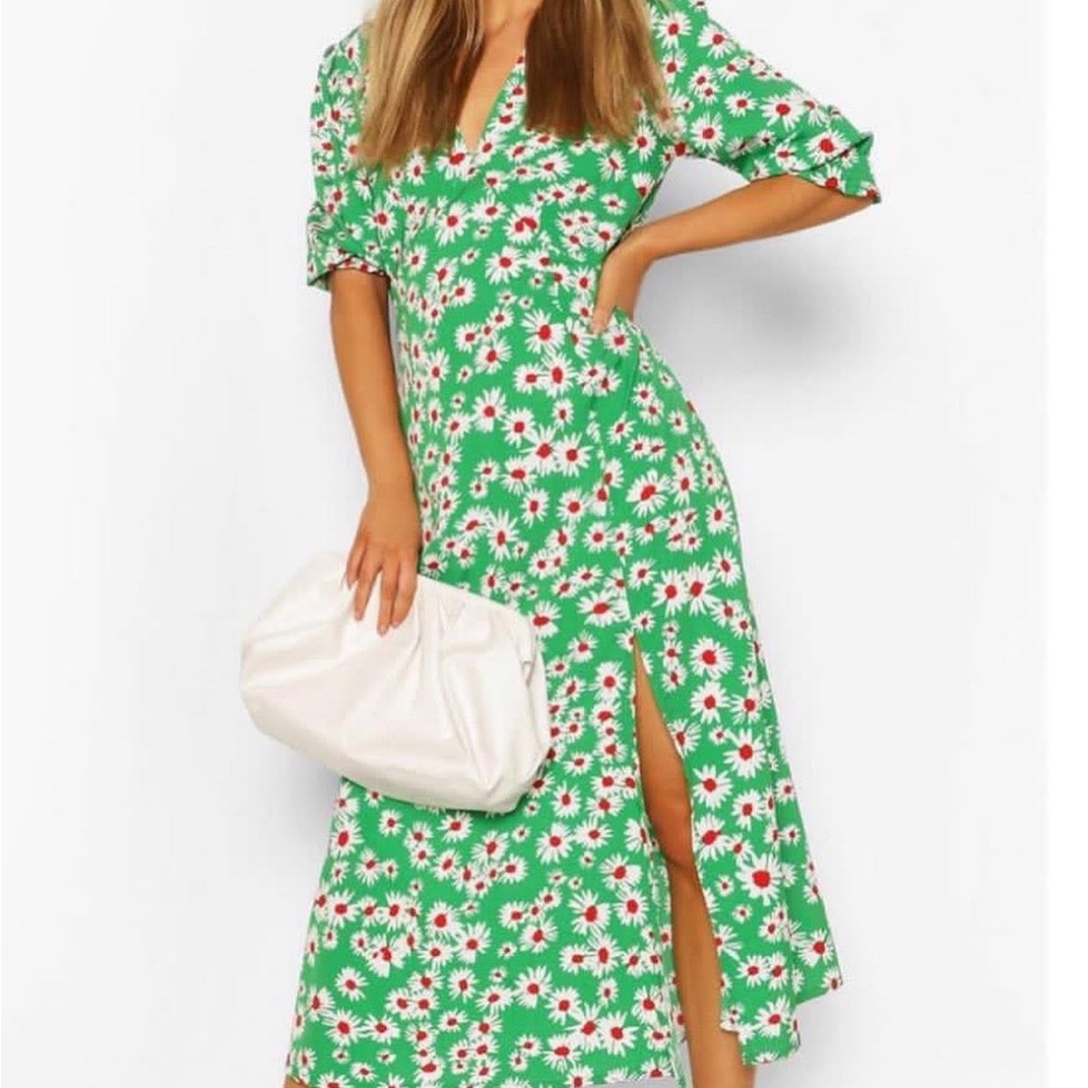 DAISY PRINT V NECK SPLIT FRONT MIDAXI DRESS BOOHOO size 8